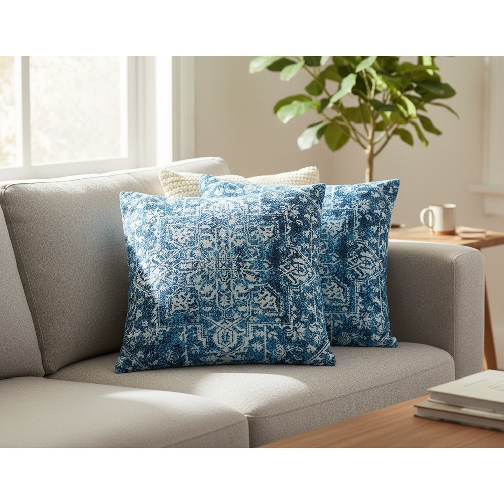 Blue Bohemian Throw Pillow Covers 17x17in Set of 2 Retro Medallion Pattern